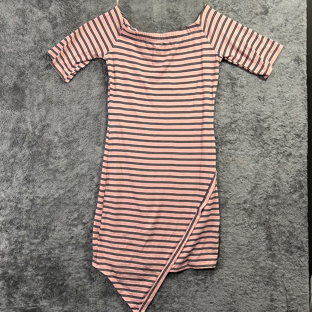 Absolutely It! Pink Black Striped Off Shoulder Asymmetrical Hem Mini Dress L